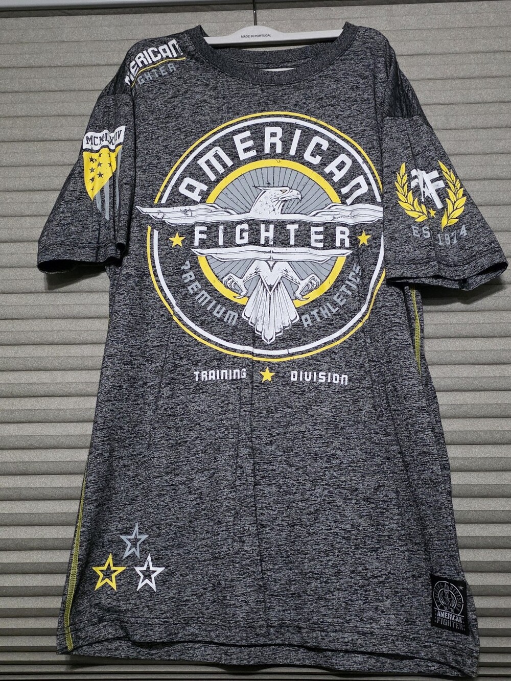 Mens American Fighter Grey Heather Athletic Graphic Tee with Yellow Accents